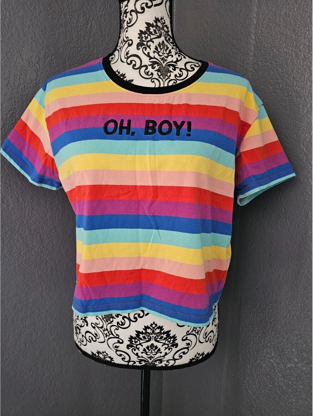 Women's The Lost Bros Cropped Shirt Blouse Rainbow Short Sleeve Sz Large Oh Boy!